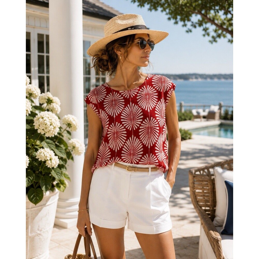 Joie Red White Linen Top Women Small Tropical Print Cap Sleeve Lightweight